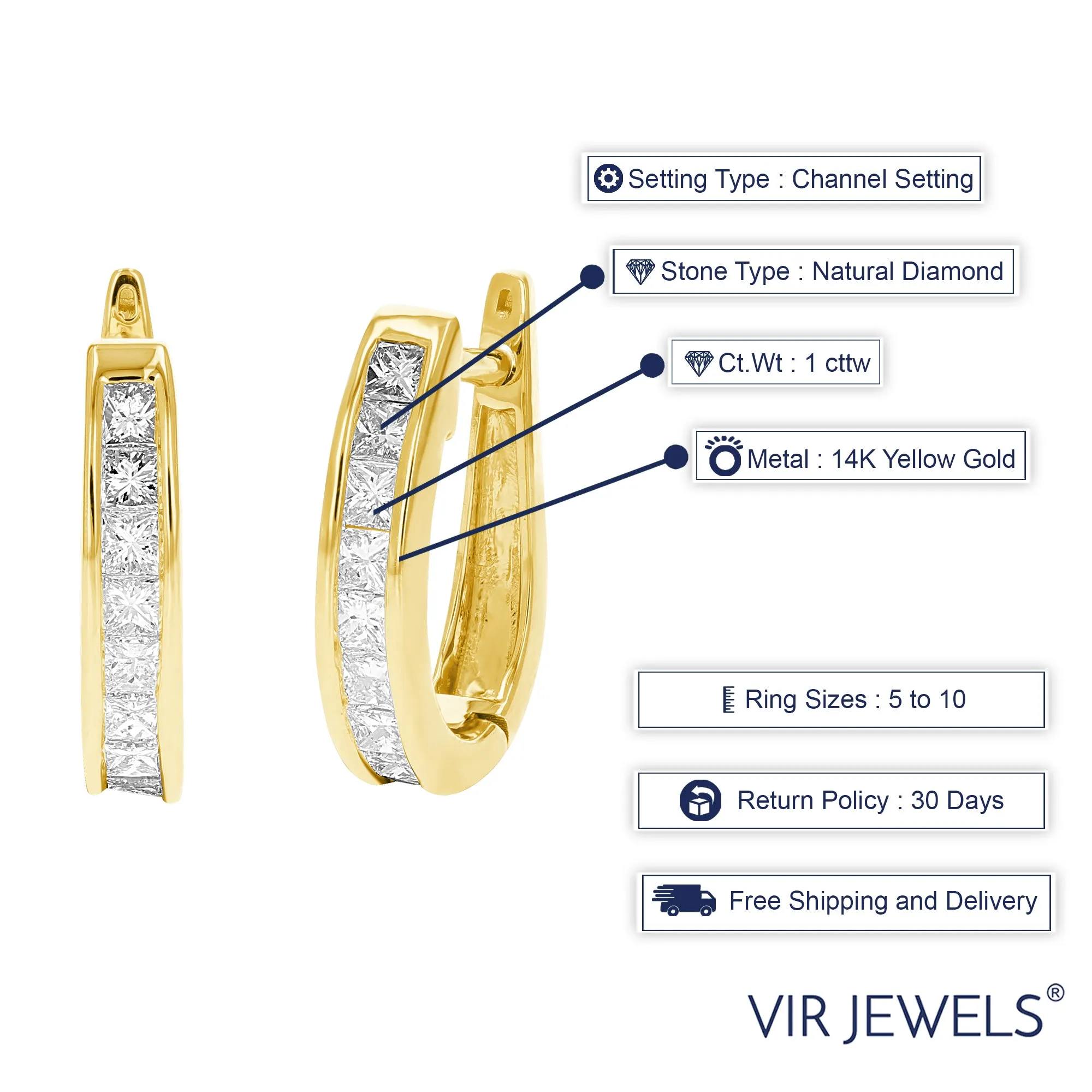 1 cttw Princess Cut Diamond Hoop Earrings 14K Yellow Gold Channel Set 1/2 Inch