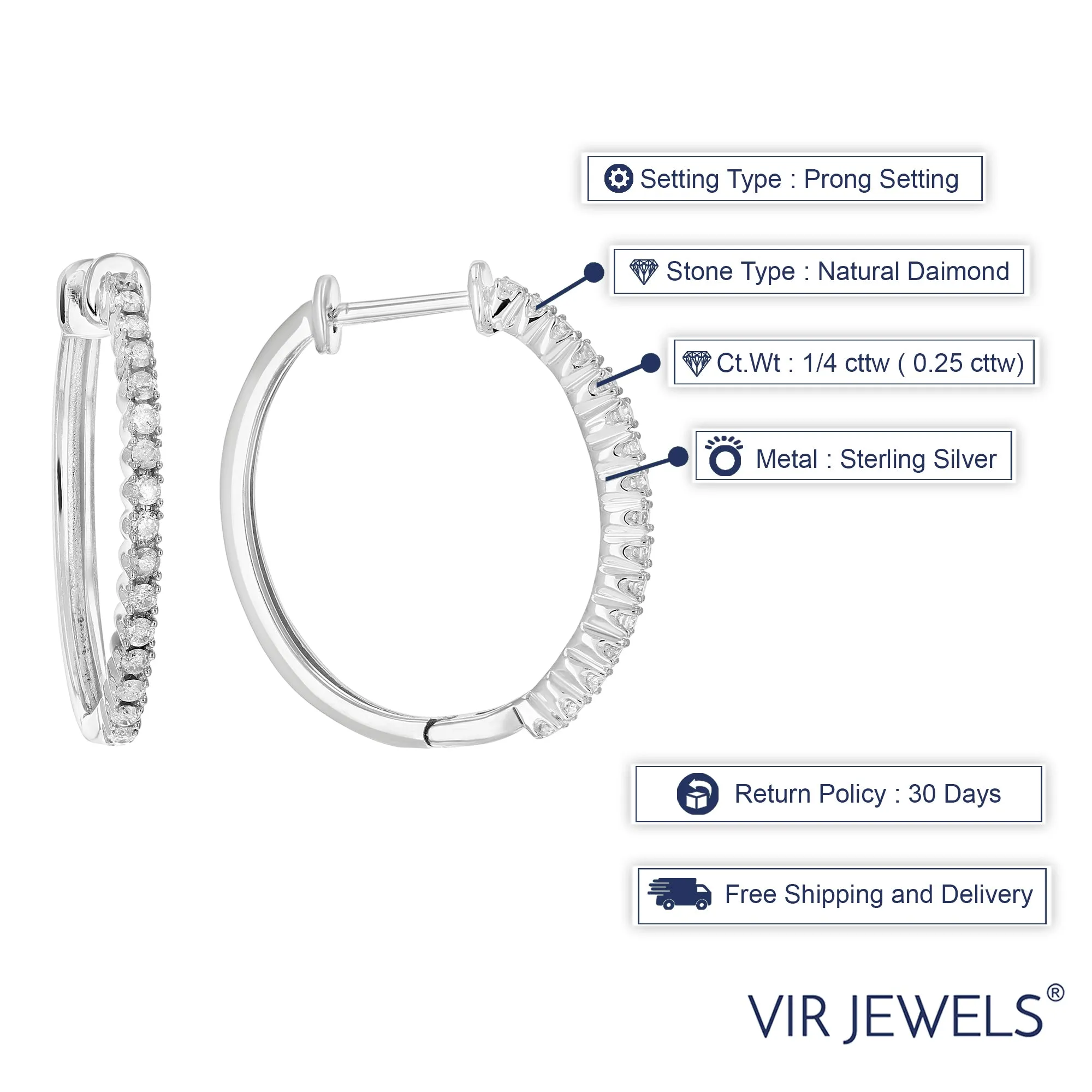 1/4 cttw Diamond Hoop Earrings .925 Sterling Silver 30 Stones Dangle 3/4 Inch