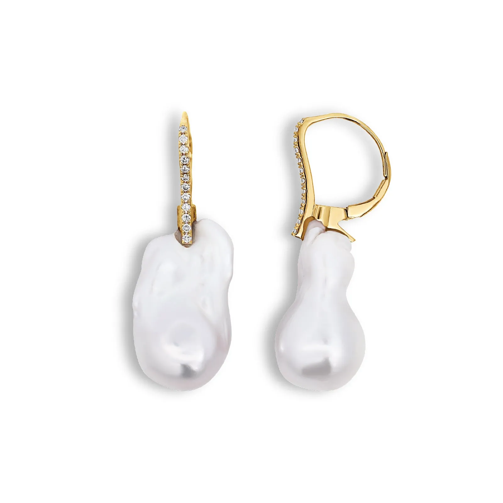 14ct Yellow Gold Baroque Freshwater and Diamond Elegent Drop Earring