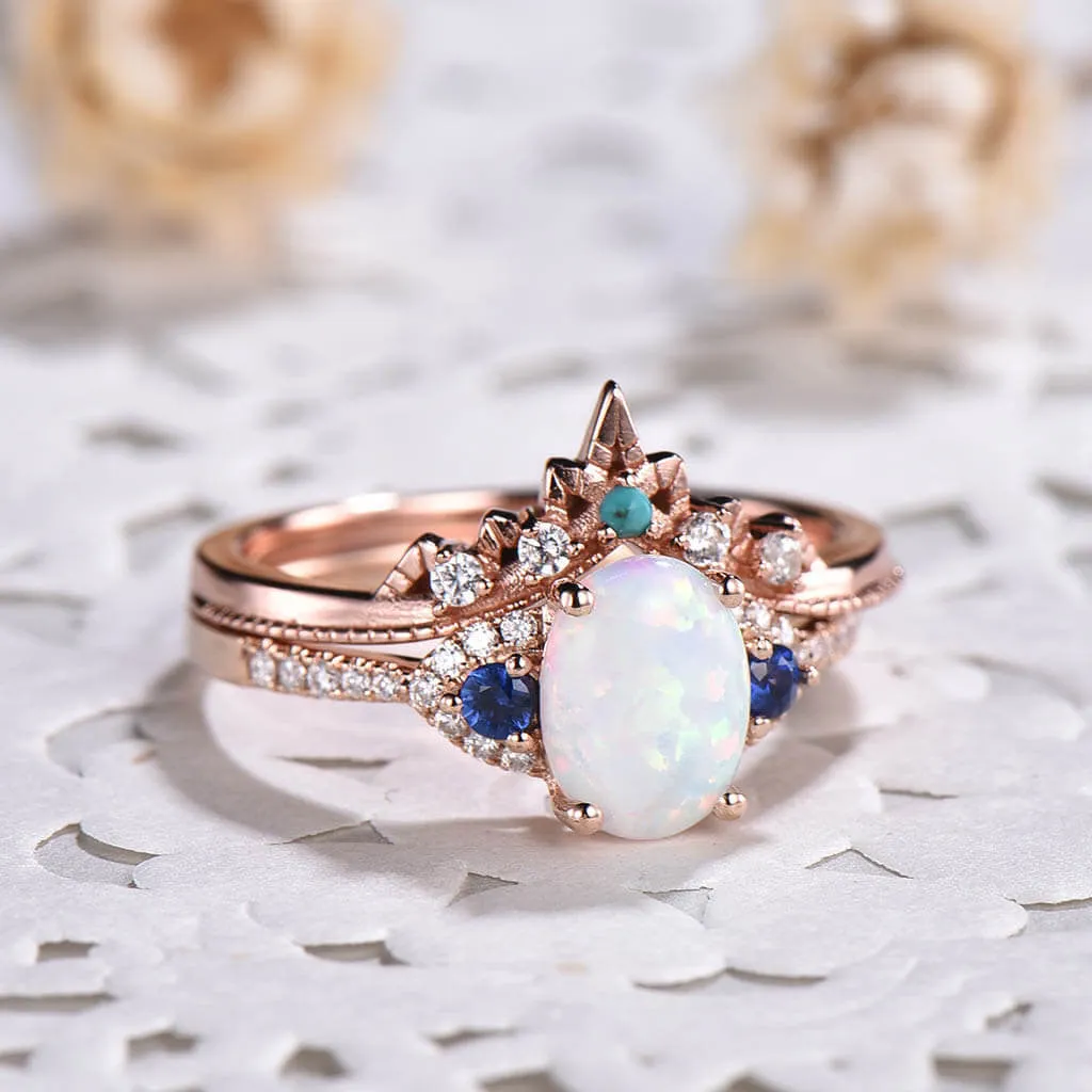 14K/18K Art Deco Opal And Sapphire Engagement Ring Set