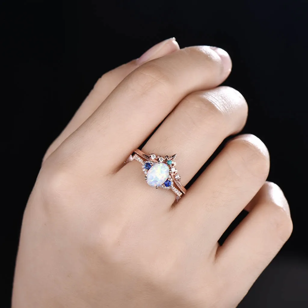 14K/18K Art Deco Opal And Sapphire Engagement Ring Set