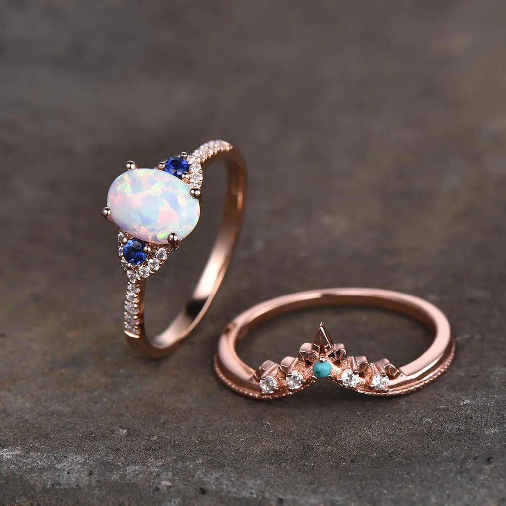 14K/18K Art Deco Opal And Sapphire Engagement Ring Set