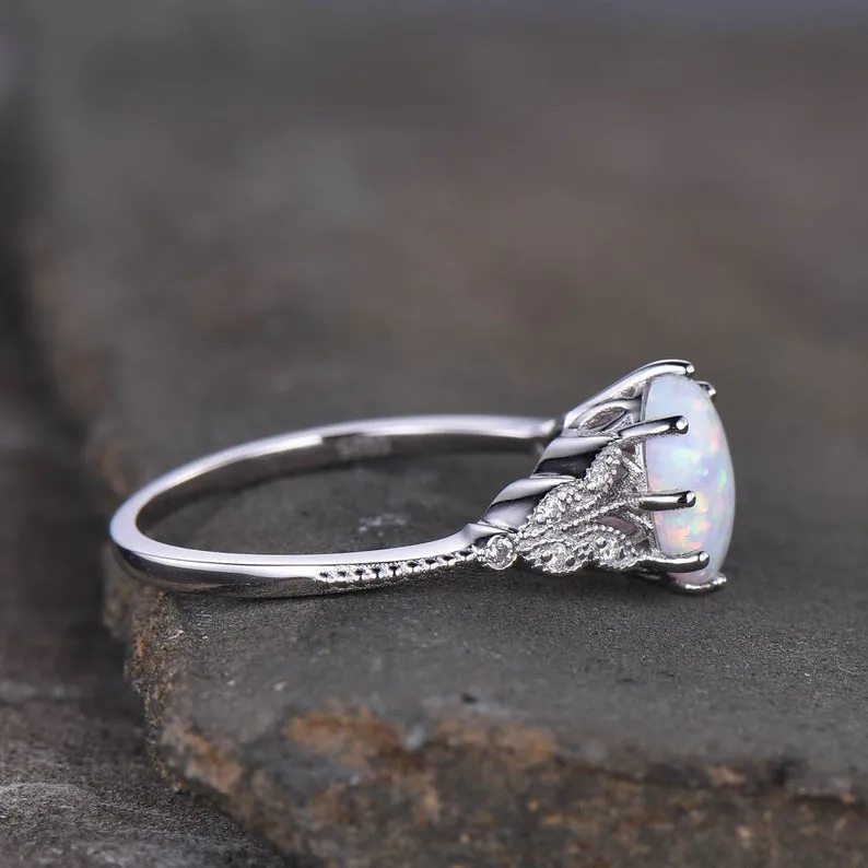 14K/18K Female Art Deco Opal Diamond Engagement Ring White Gold