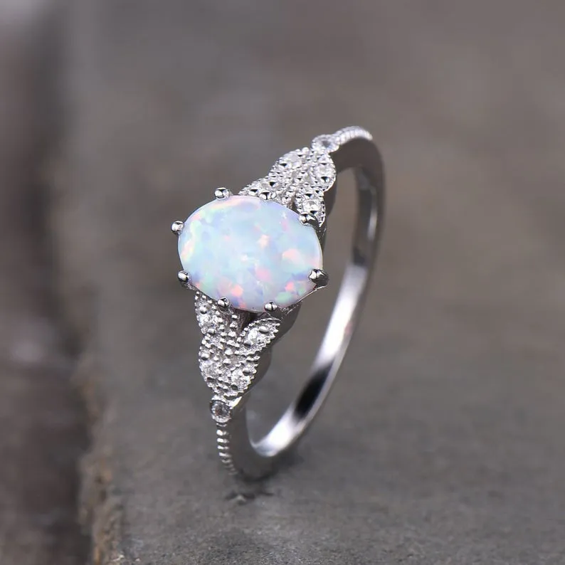 14K/18K Female Art Deco Opal Diamond Engagement Ring White Gold