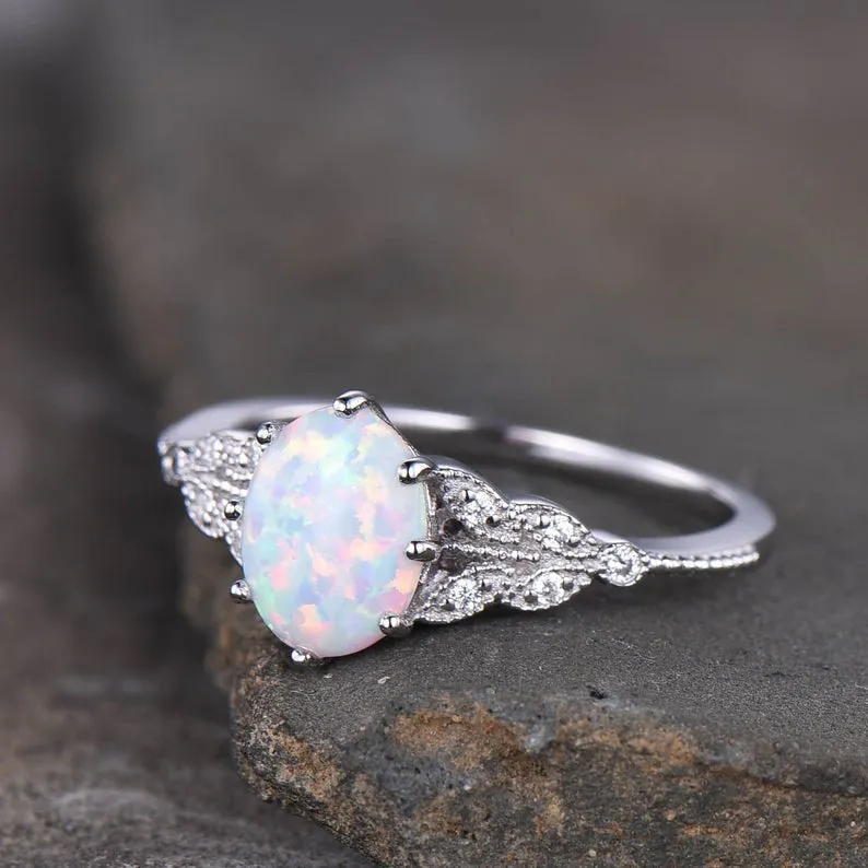 14K/18K Female Art Deco Opal Diamond Engagement Ring White Gold