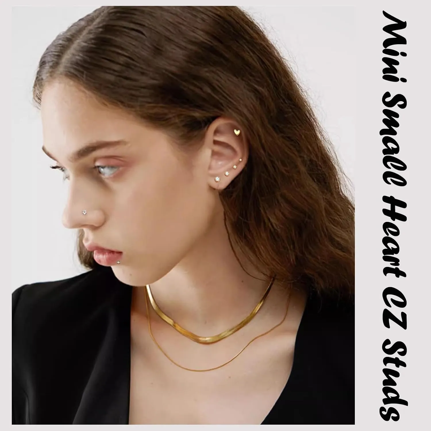 20G/18G/16G Cartilage Tragus Earring Gold Tiny Stud Earrings Threadless Flat Back Earrings Nose Stud Piercing Small Heart CZ Studs Mini Conch Helix Jewelry