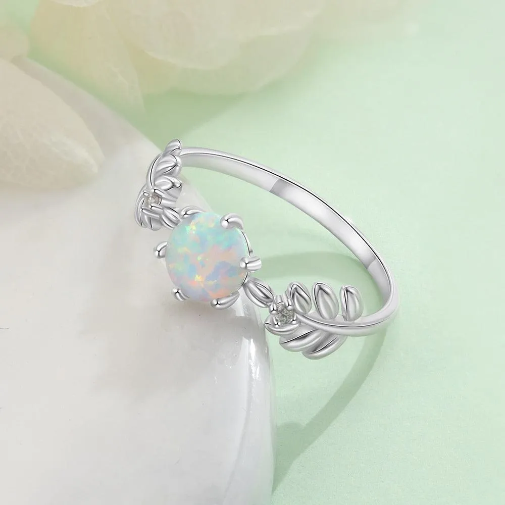 925 Sterling Silver Cute Branch Engagement Ring with Round White Opal Stone