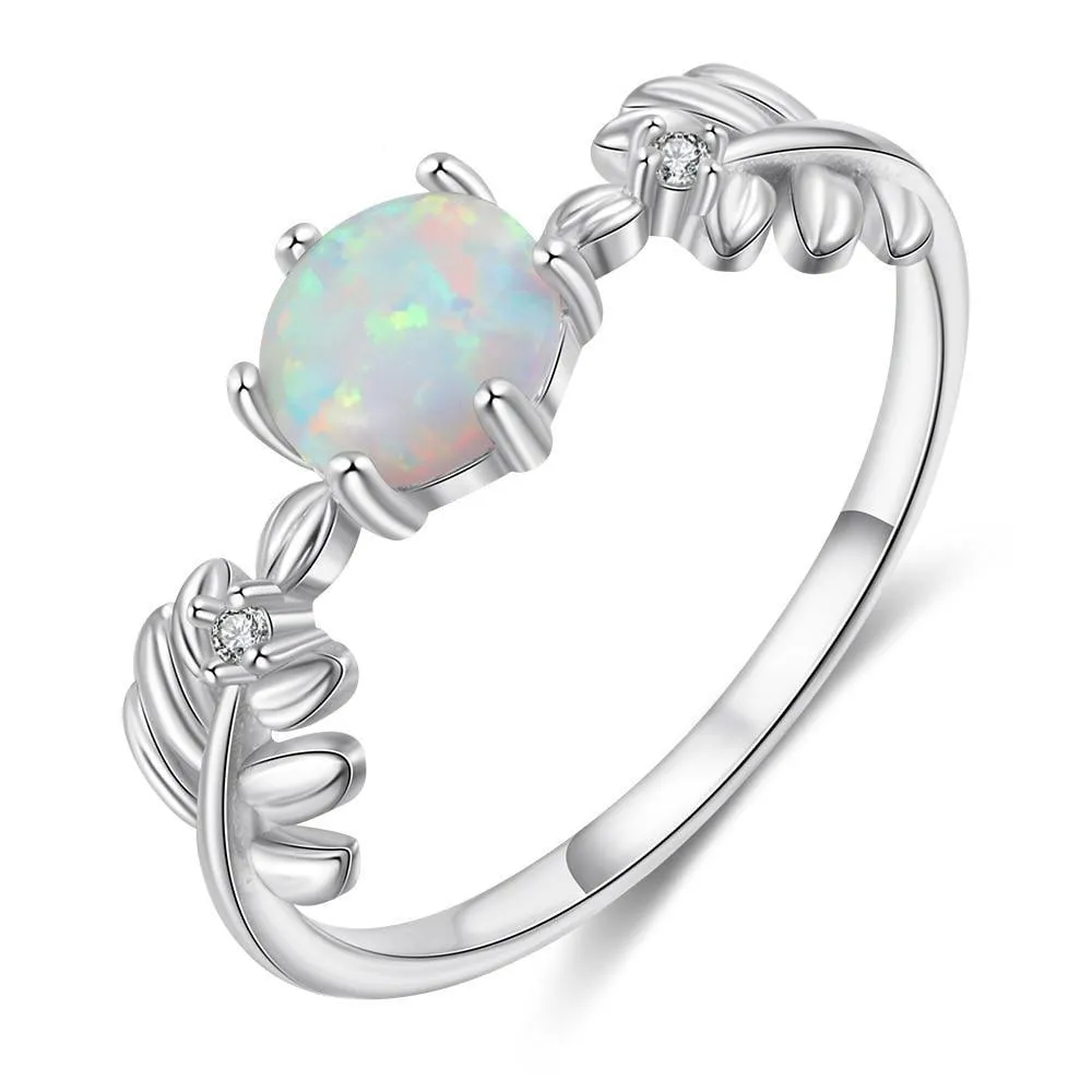 925 Sterling Silver Cute Branch Engagement Ring with Round White Opal Stone