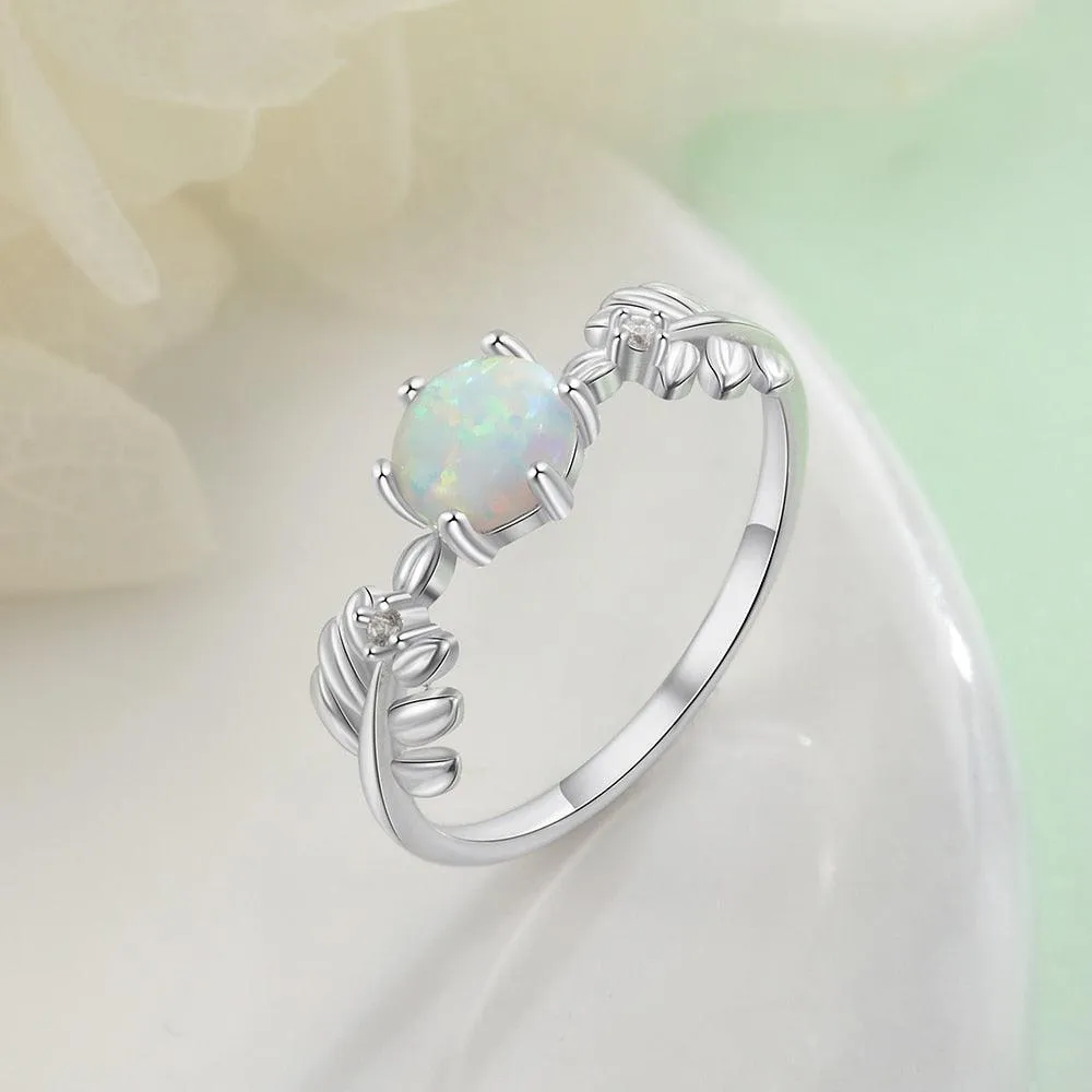 925 Sterling Silver Cute Branch Engagement Ring with Round White Opal Stone