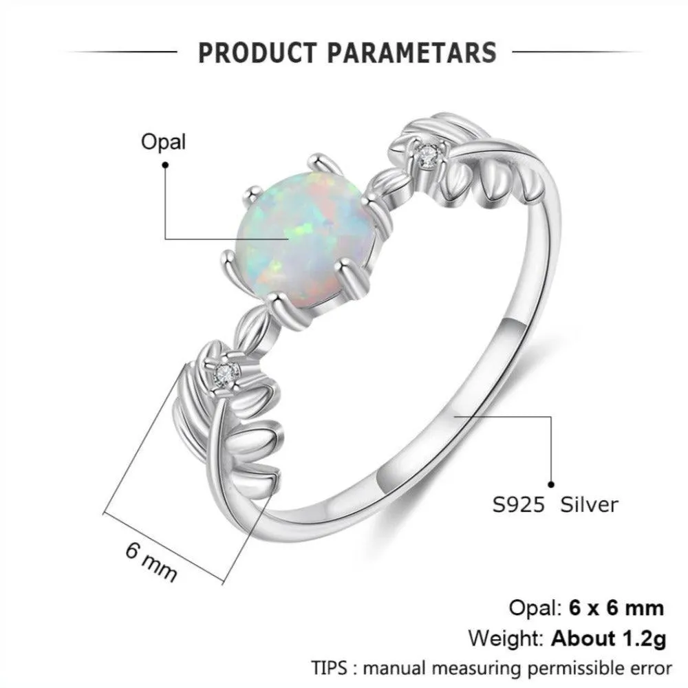 925 Sterling Silver Cute Branch Engagement Ring with Round White Opal Stone