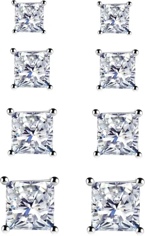925 Sterling Silver Stud Earrings, 4 Pairs Square Cubic Zirconia Stud Earrings Set for Women Men 3 4 5 6mm
