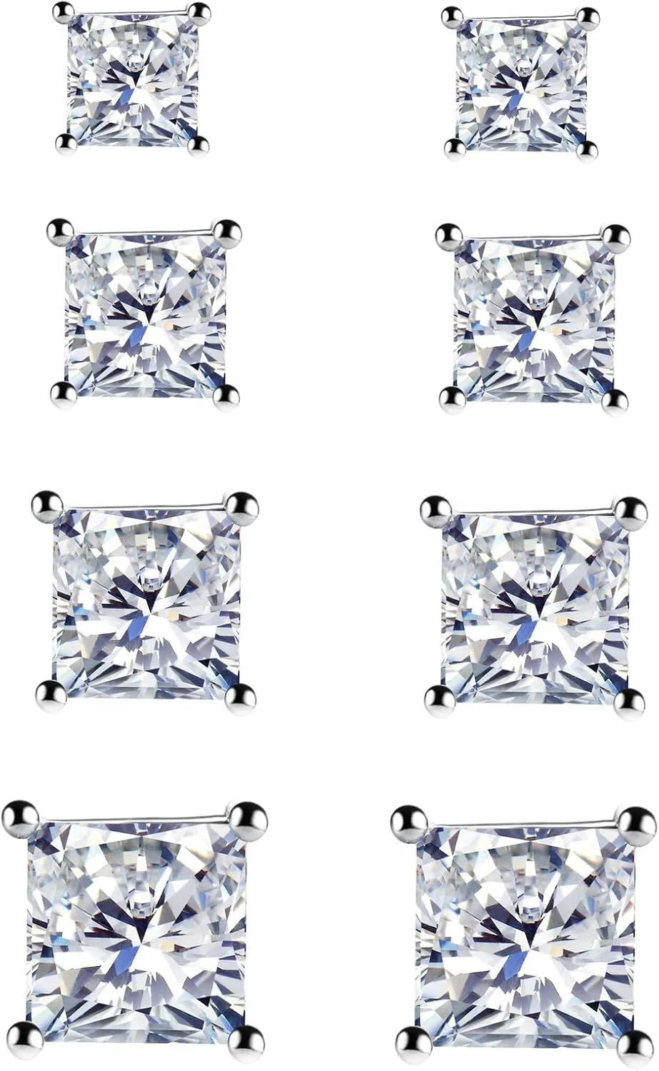 925 Sterling Silver Stud Earrings, 4 Pairs Square Cubic Zirconia Stud Earrings Set for Women Men 3 4 5 6mm