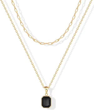 ACECHA Gold Layered Necklaces for Women, 18k Gold Plated Paperclip Chain Choker Necklace with Rectangle Crystal Birthstone Pendant Dainty Emerald Green Jewelry Gifts