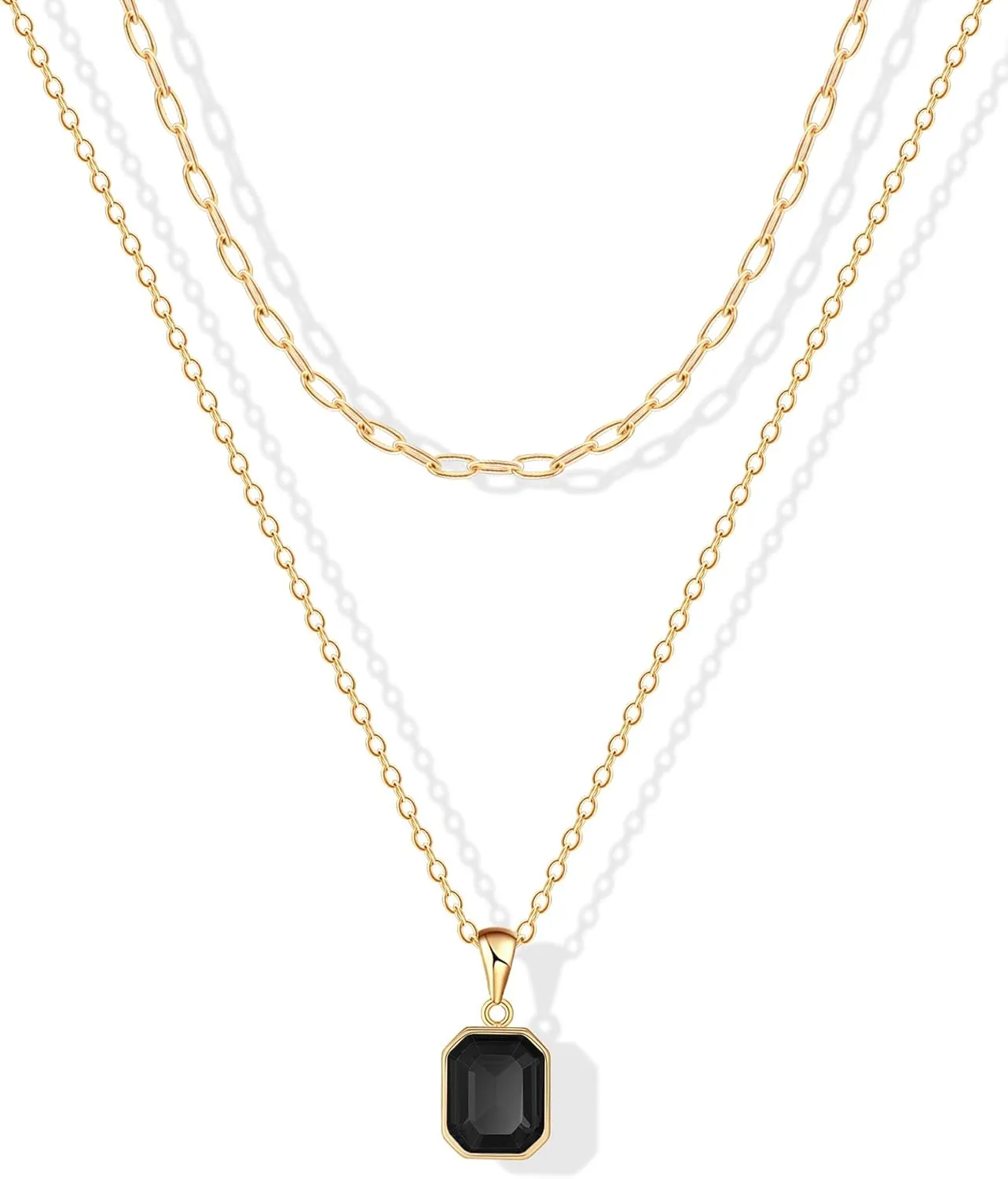 ACECHA Gold Layered Necklaces for Women, 18k Gold Plated Paperclip Chain Choker Necklace with Rectangle Crystal Birthstone Pendant Dainty Emerald Green Jewelry Gifts