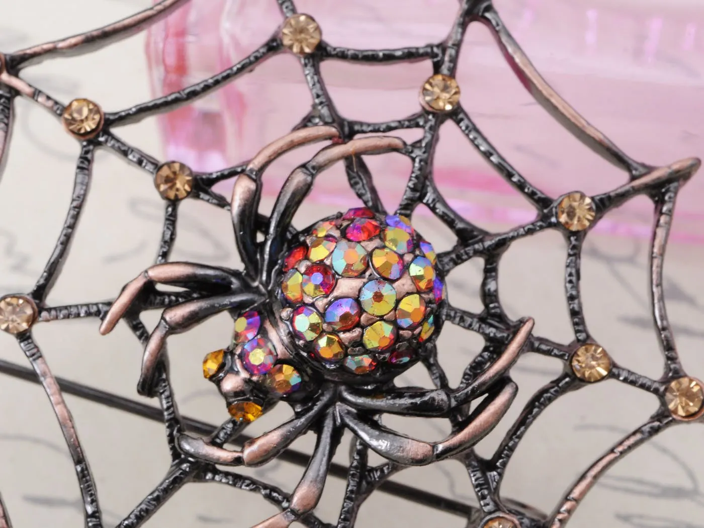 Alilang Copper Tone Light Topaz Colored Rhinestones Antique Spider Web Brooch Pin