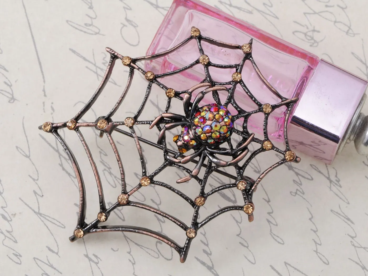 Alilang Copper Tone Light Topaz Colored Rhinestones Antique Spider Web Brooch Pin
