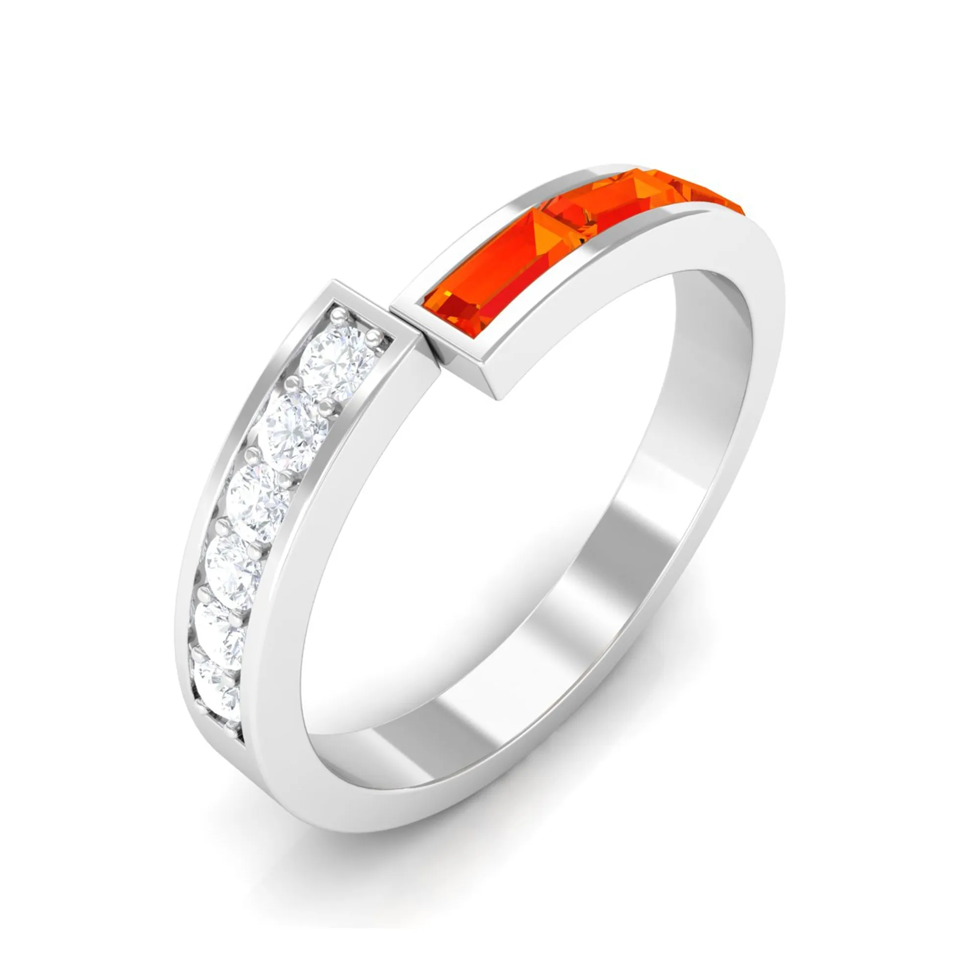 Baguette Cut Orange Sapphire and Diamond Designer Band Ring