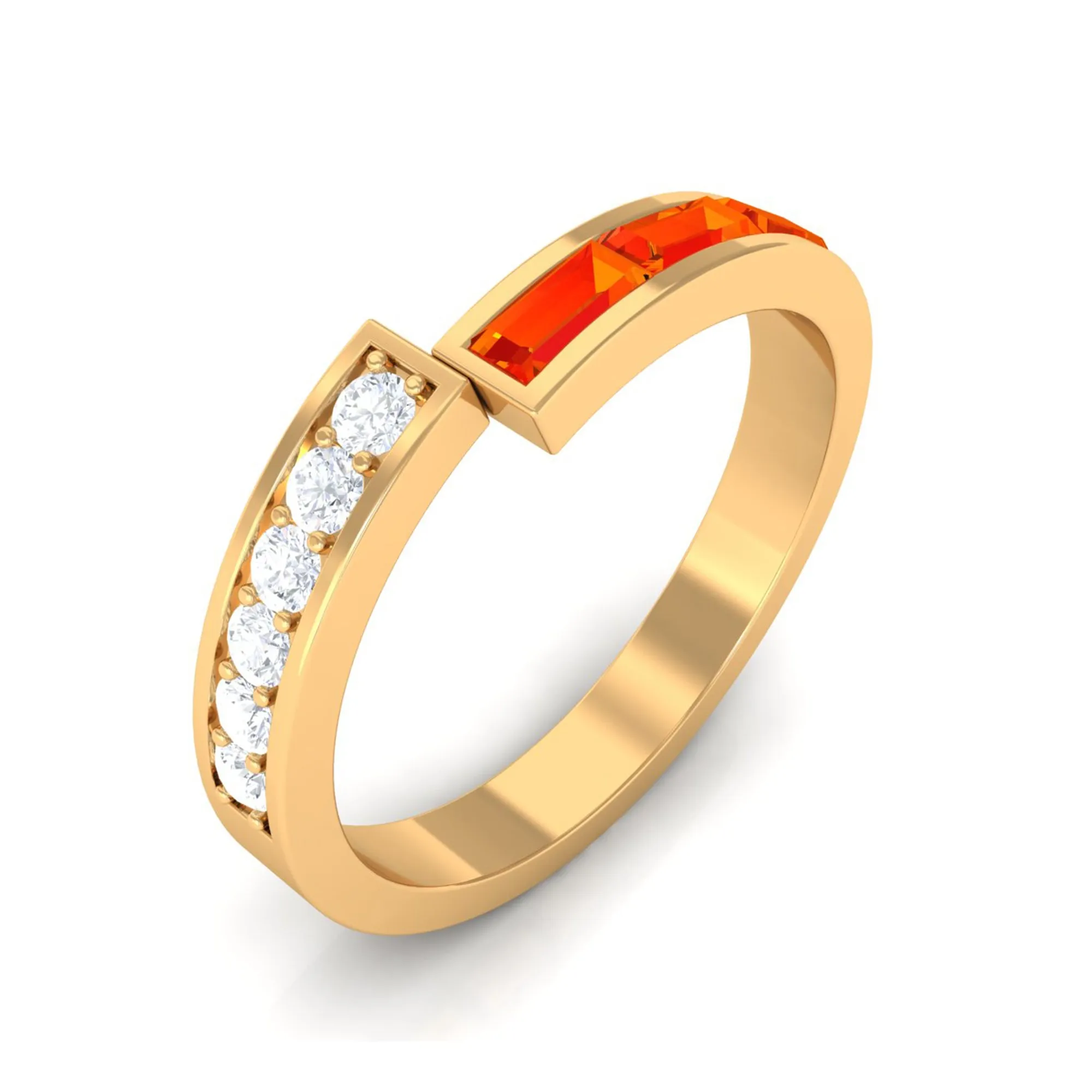 Baguette Cut Orange Sapphire and Diamond Designer Band Ring