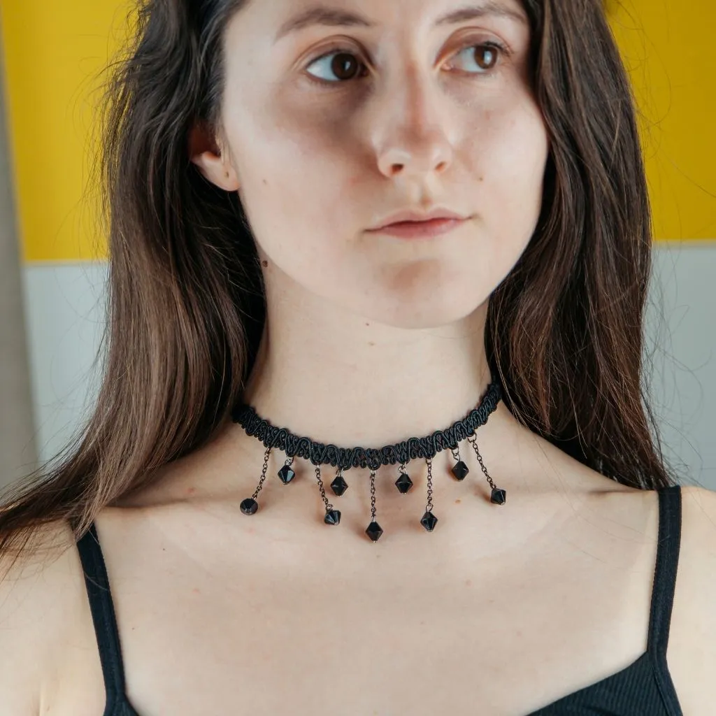 Black Beaded Lace Victorian Gothic Emo Halloween Dangle Choker Necklace