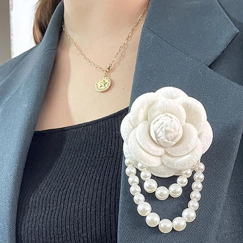 Bohemian Flowers Pearls Beaded Pins Brooches for Women, Trendy Red Camelia Flower Lapel Pins Dainty Floral Jewelry Accessories for Clothes Dress Suit