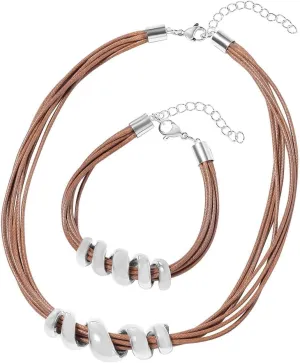 Costume Jewelry Set - Leather Choker Necklace for Women 16" & Cuff Bracelet 7"- Faux Leather Cord Necklace Set with Adjustable Lobster Claw Spiral Charm Rope Boho Jewelry Birthday Gifts