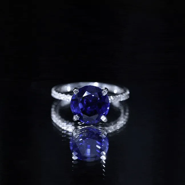 Created Blue Sapphire Solitaire Ring with Diamond Side Stones