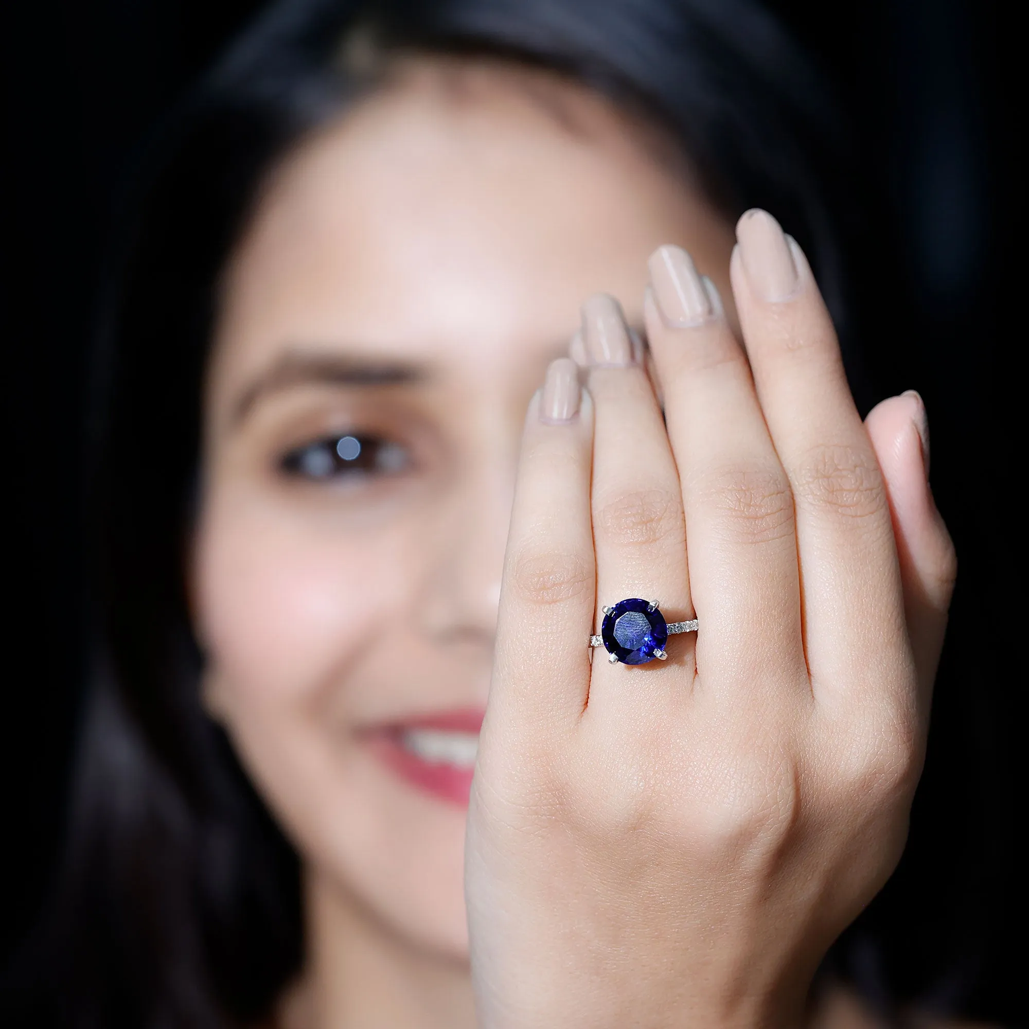 Created Blue Sapphire Solitaire Ring with Diamond Side Stones