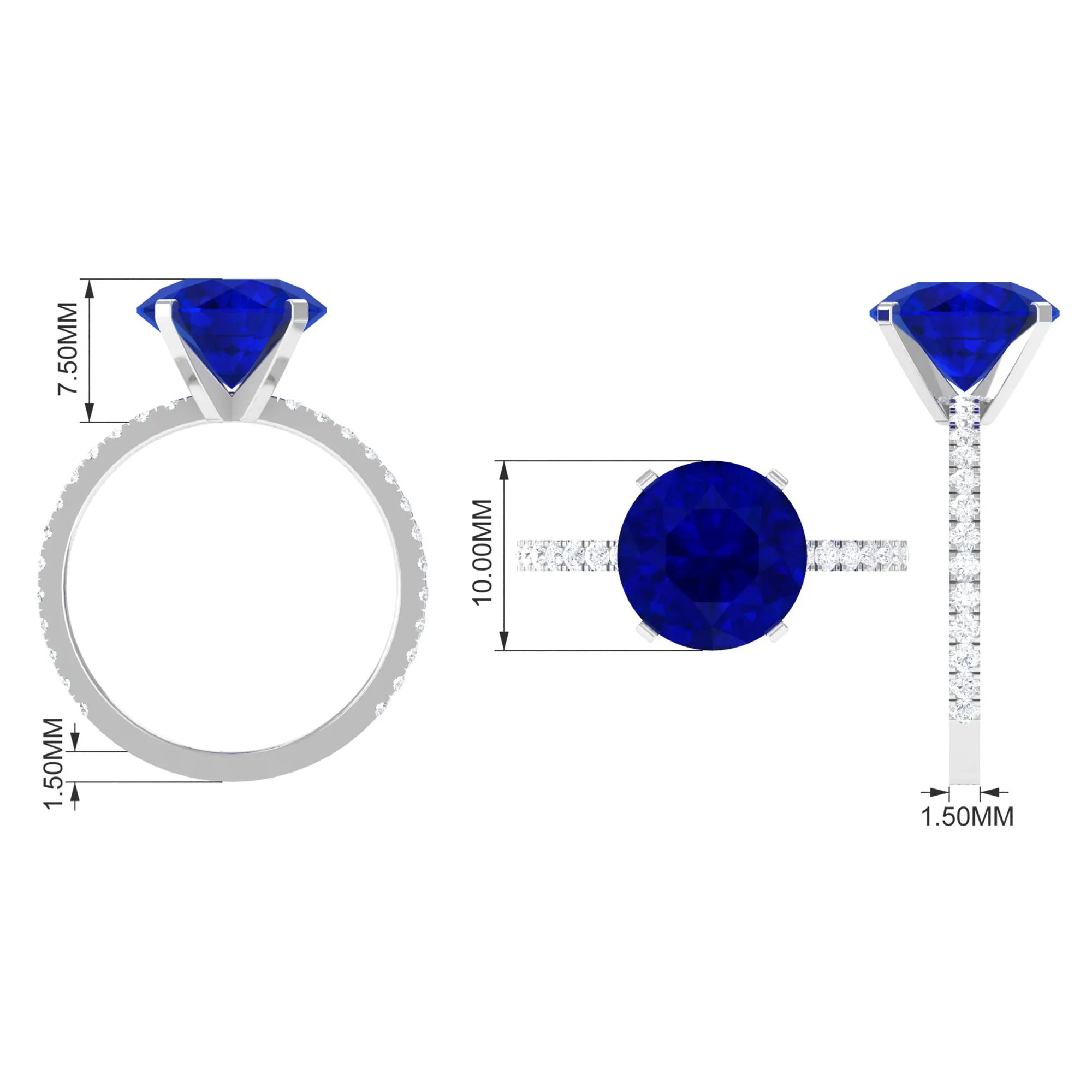 Created Blue Sapphire Solitaire Ring with Diamond Side Stones