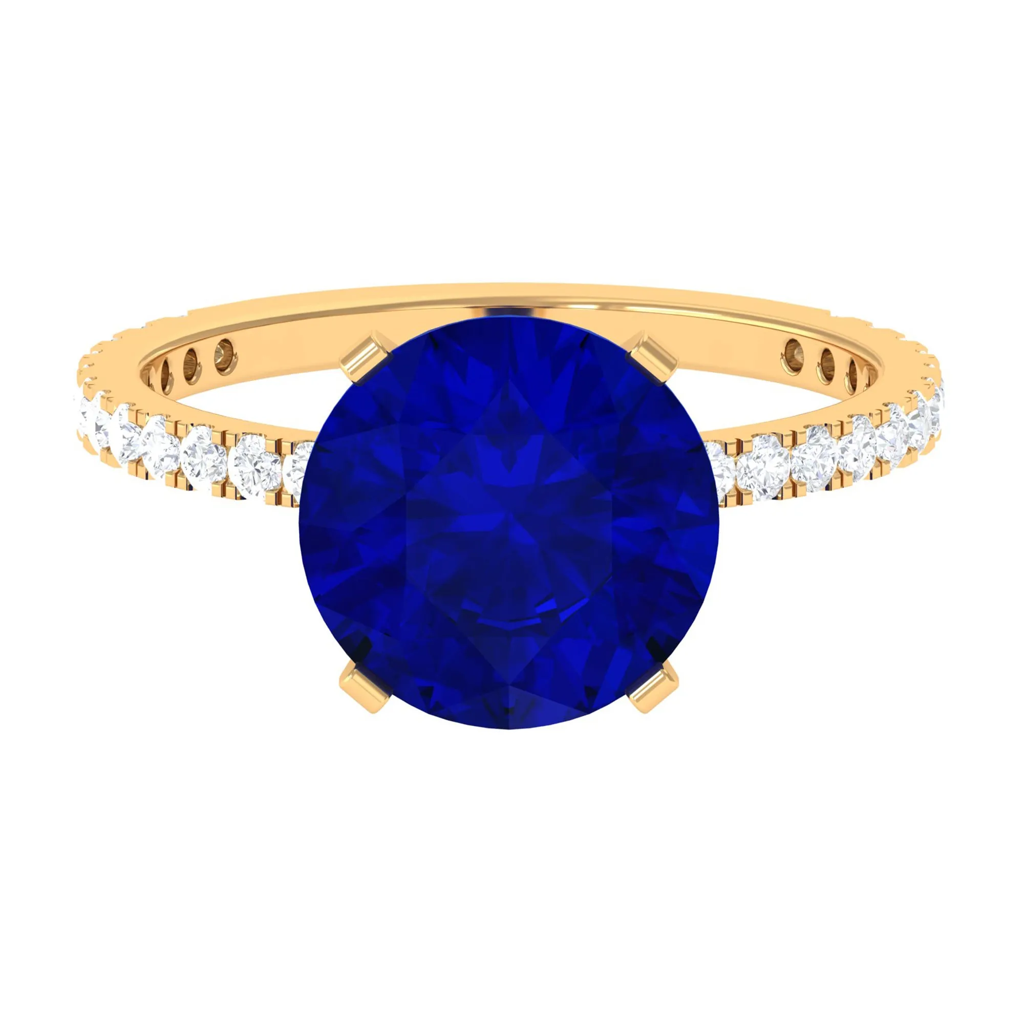 Created Blue Sapphire Solitaire Ring with Diamond Side Stones