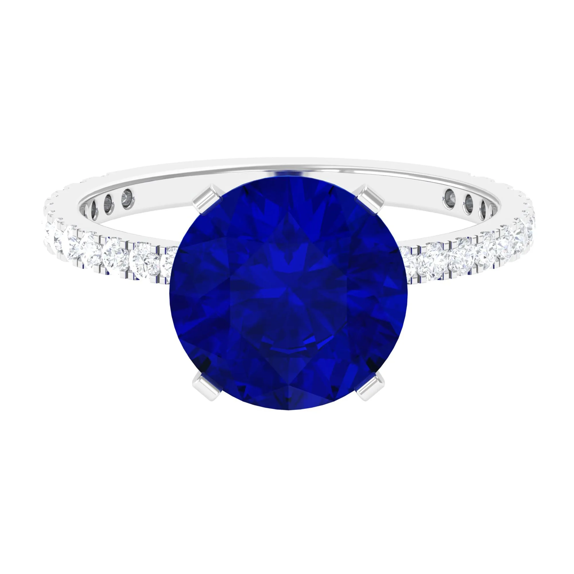 Created Blue Sapphire Solitaire Ring with Diamond Side Stones