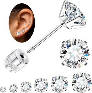 Fansilver 6 Pairs Hypoallergenic Stud Earrings for Women Men Threadless Flat Back Stud Earrings Set for Multiple Piercing Surgical Stainless Steel Cubic Zirconia Earrings Studs CZ 2-8 mm