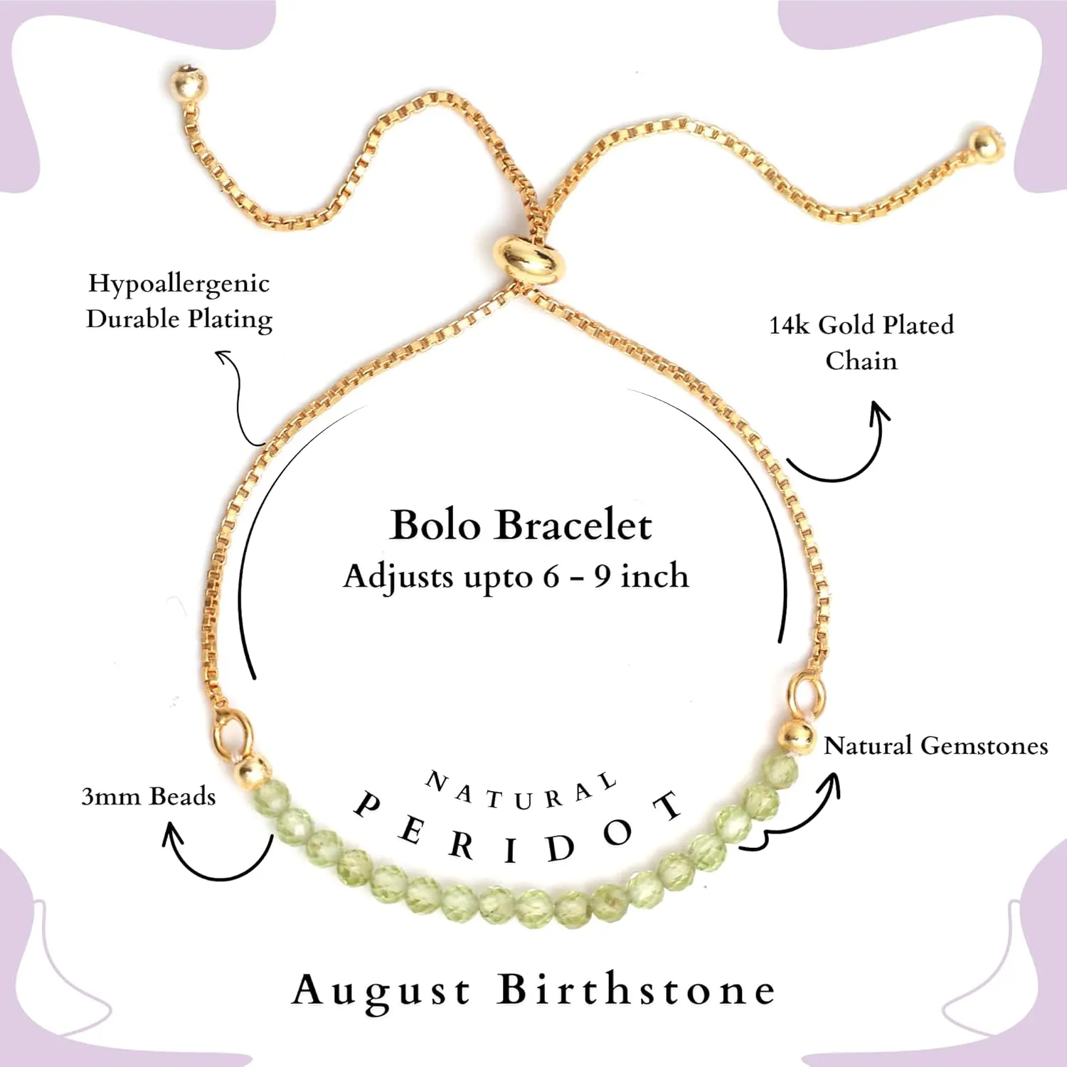 Gempires Birthstone Beaded Bracelet, Green Peridot Bracelets for Women, August Birthstone, Bolo Beads Bracelet Gold Plated Chain (6-9 inch Adjustable Length)