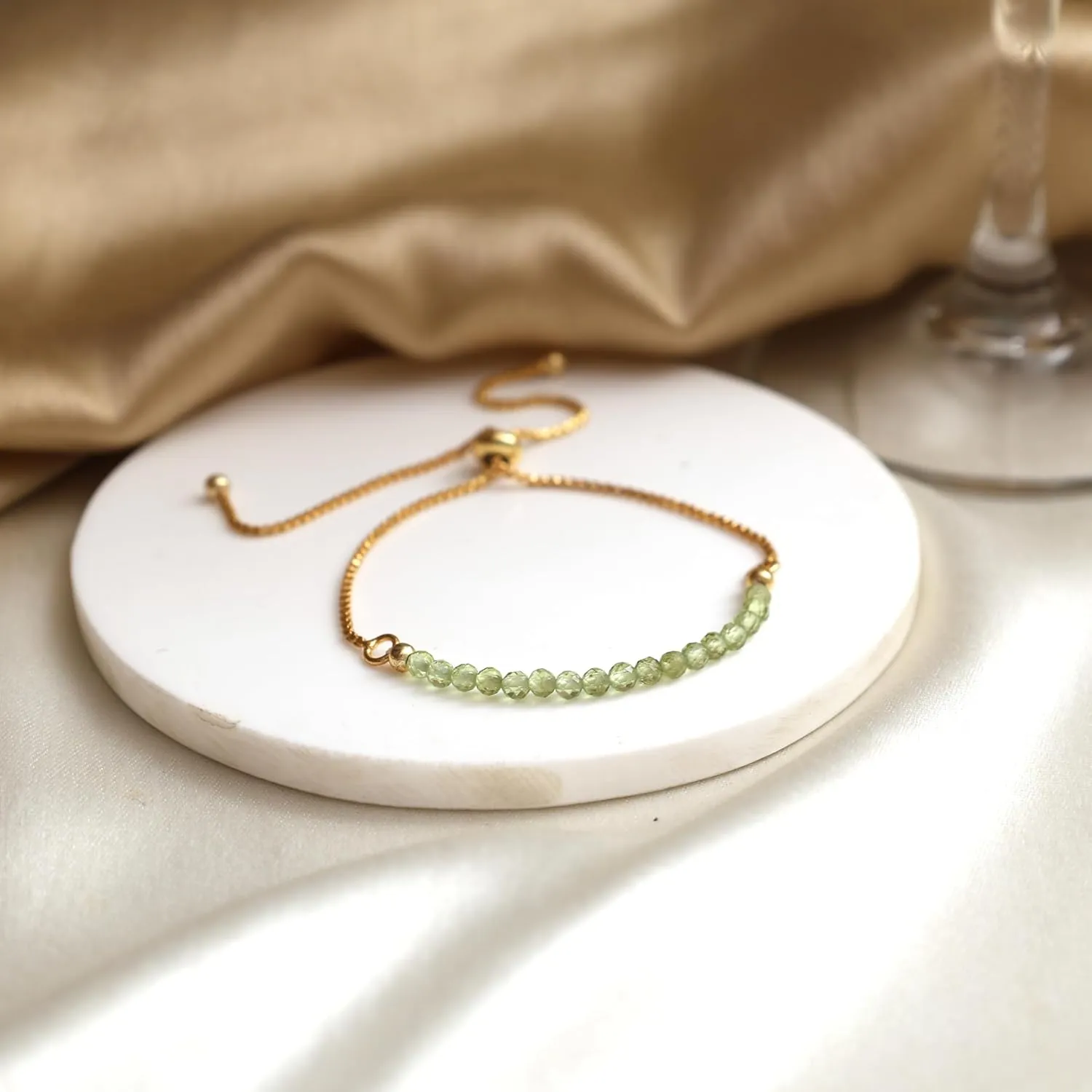 Gempires Birthstone Beaded Bracelet, Green Peridot Bracelets for Women, August Birthstone, Bolo Beads Bracelet Gold Plated Chain (6-9 inch Adjustable Length)