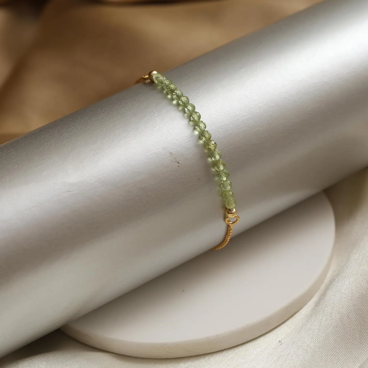 Gempires Birthstone Beaded Bracelet, Green Peridot Bracelets for Women, August Birthstone, Bolo Beads Bracelet Gold Plated Chain (6-9 inch Adjustable Length)