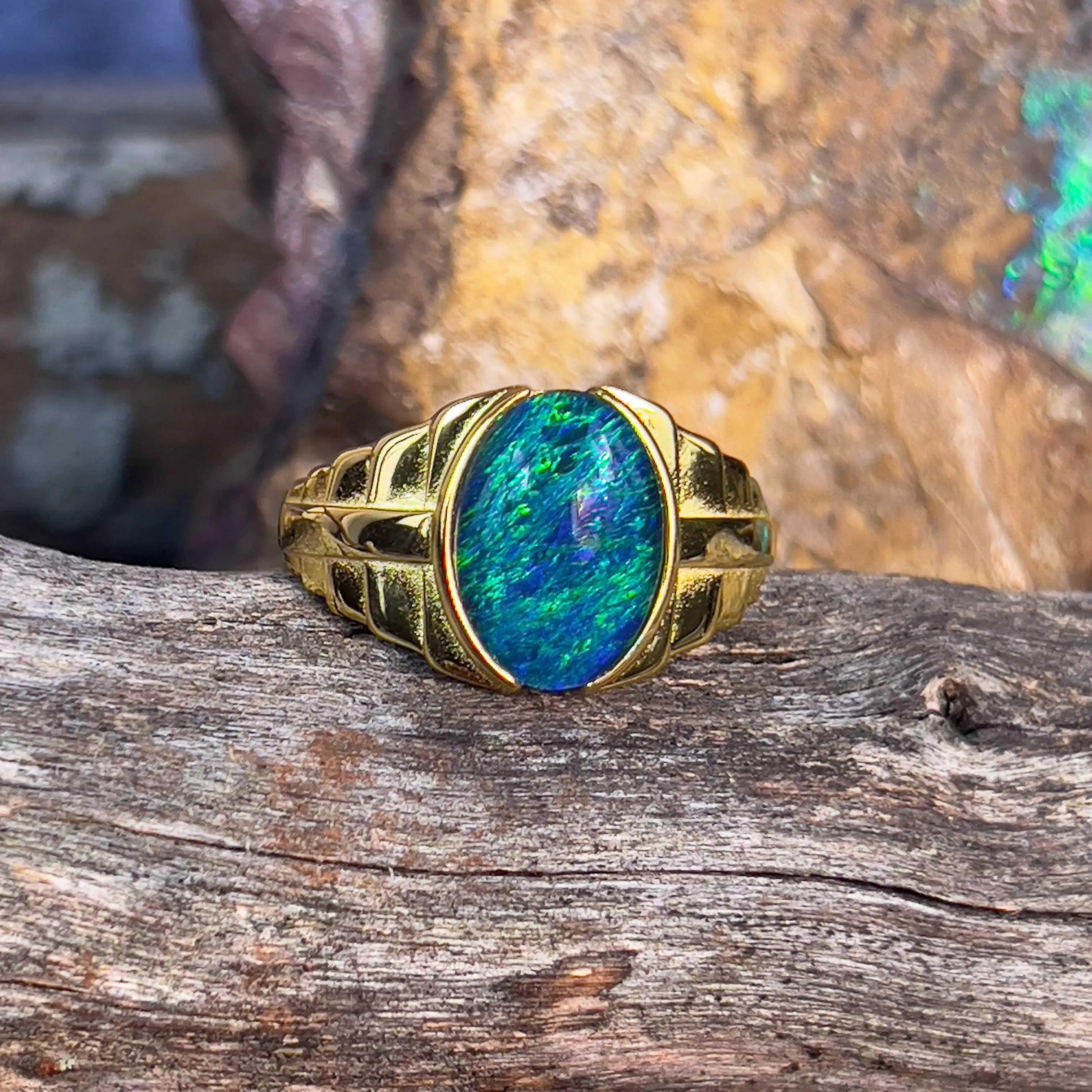 Gold plated Sterling Silver 14x10mm Opal triplet stepped design gents ring
