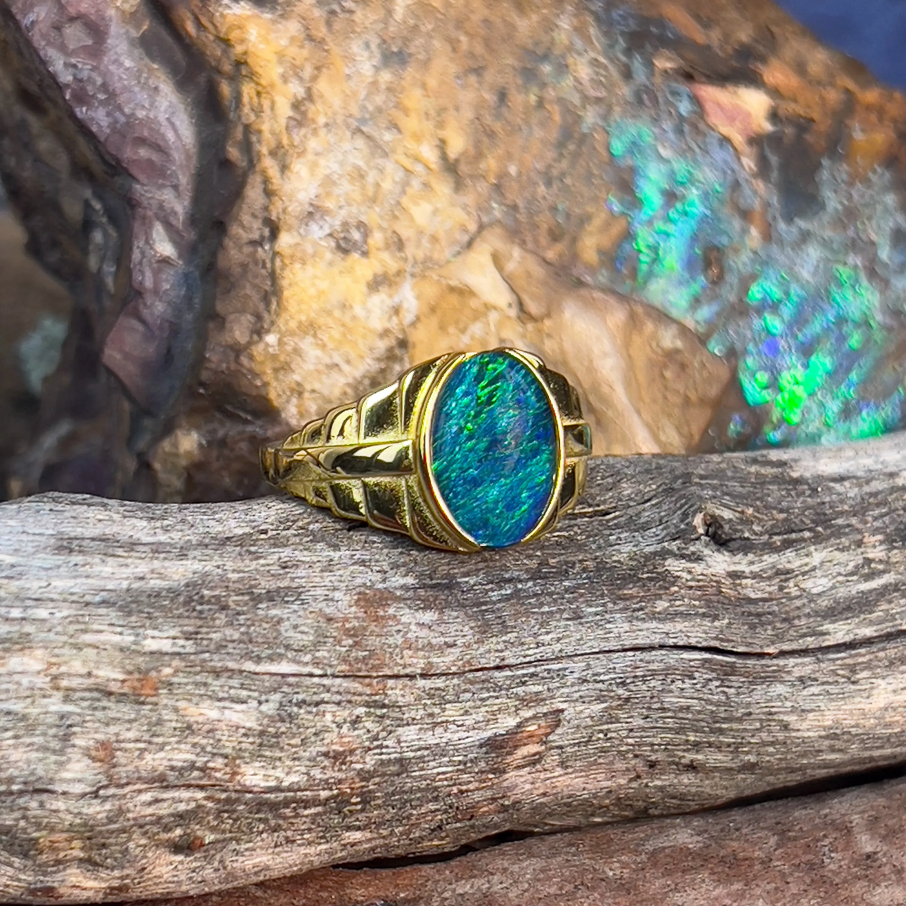 Gold plated Sterling Silver 14x10mm Opal triplet stepped design gents ring