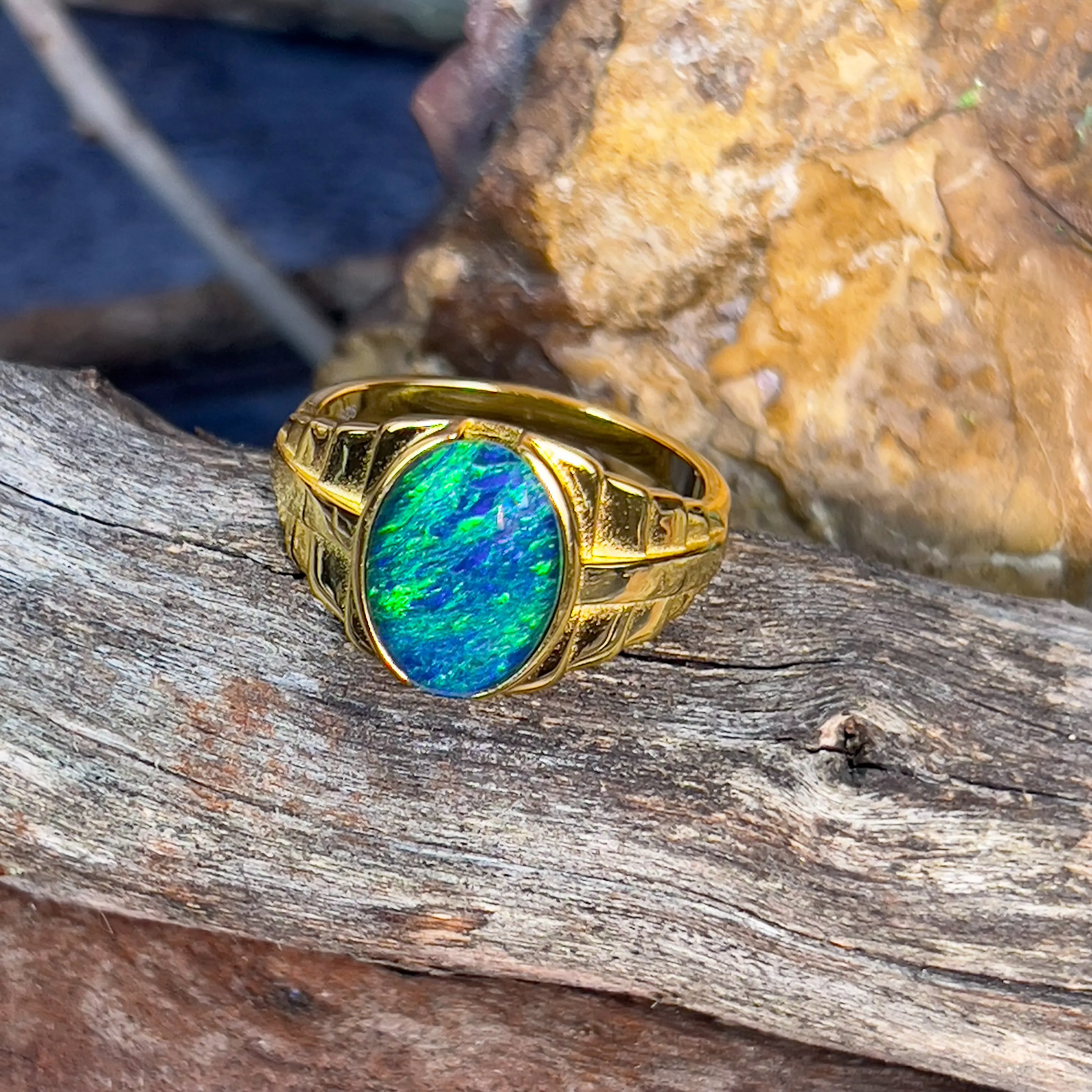 Gold plated Sterling Silver 14x10mm Opal triplet stepped design gents ring