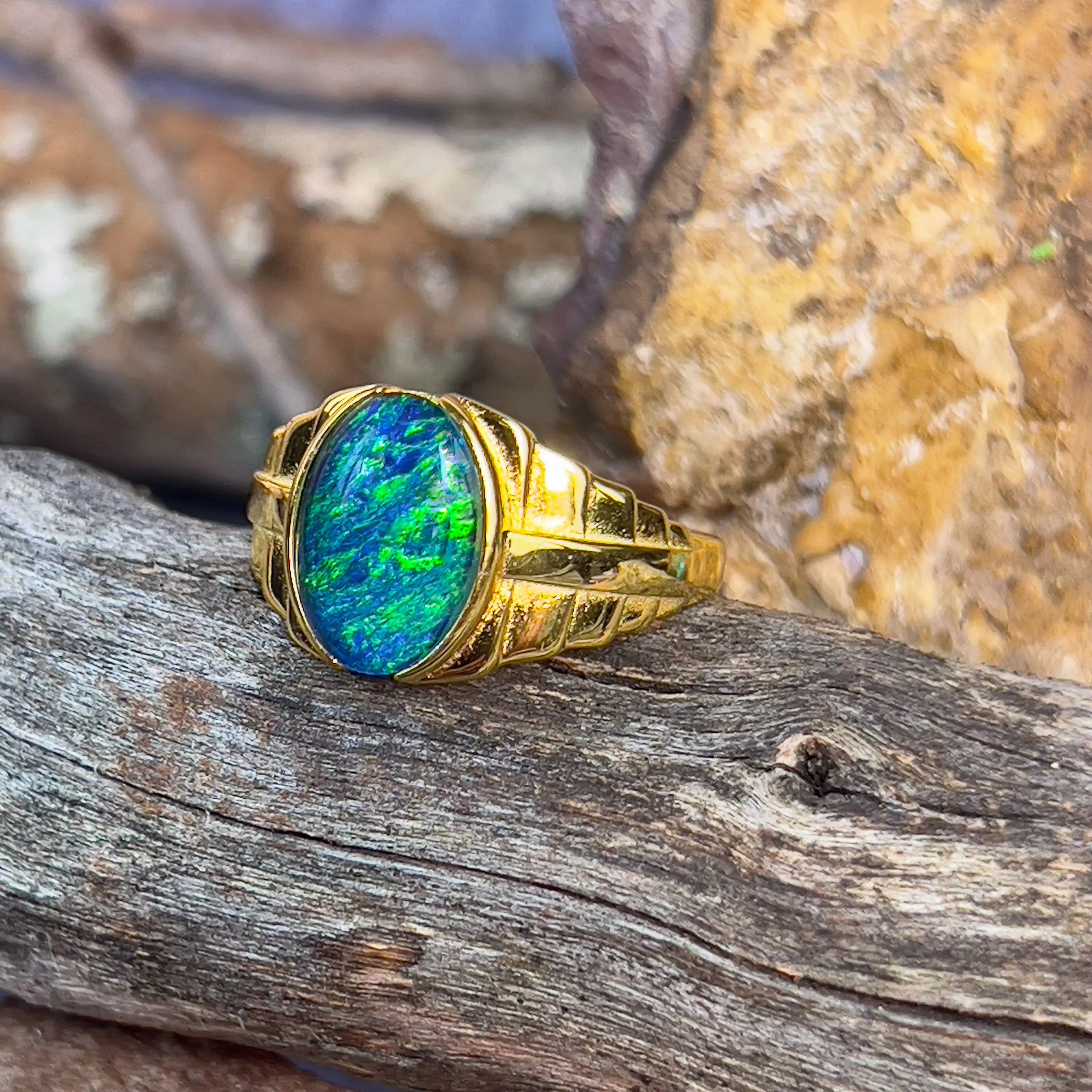 Gold plated Sterling Silver 14x10mm Opal triplet stepped design gents ring