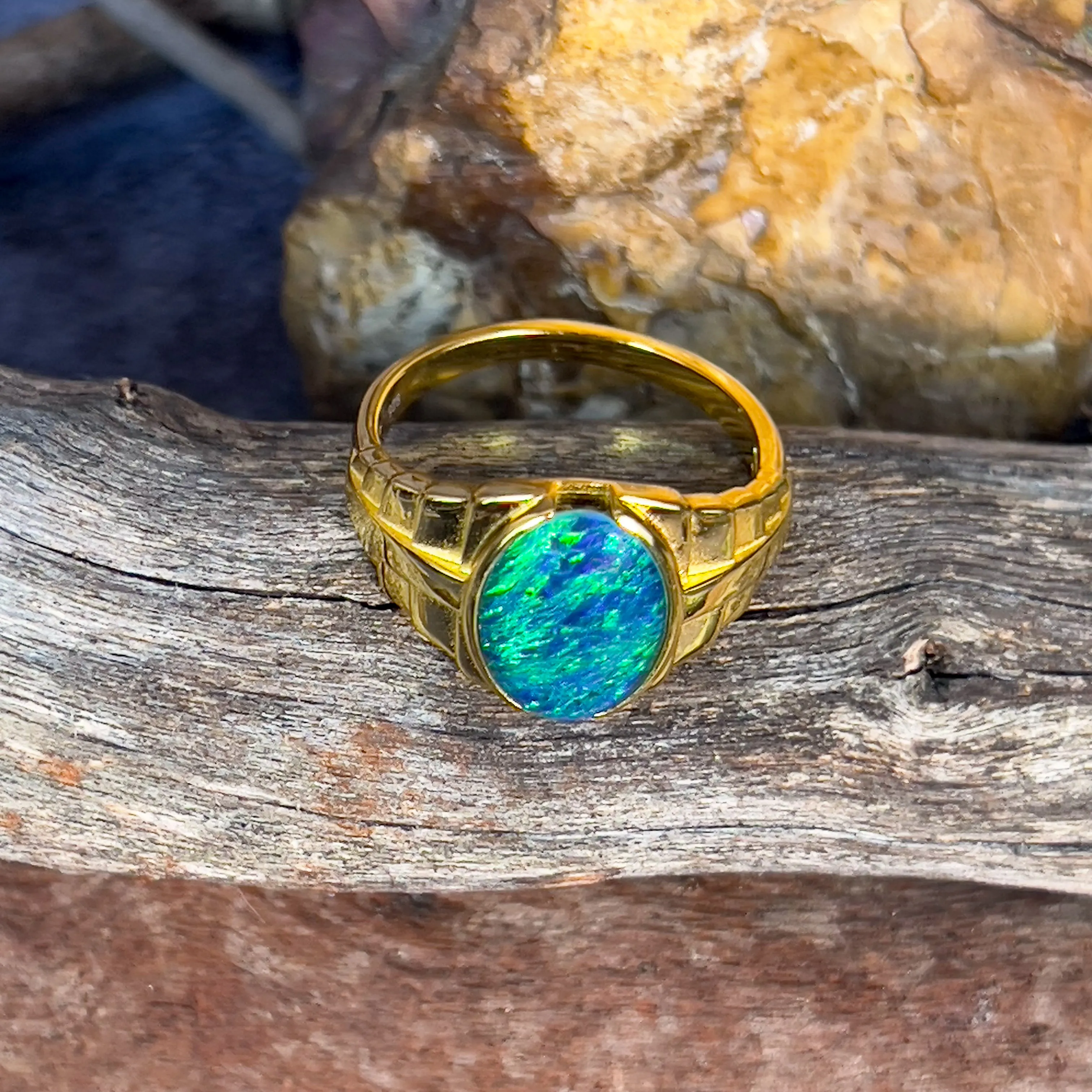 Gold plated Sterling Silver 14x10mm Opal triplet stepped design gents ring