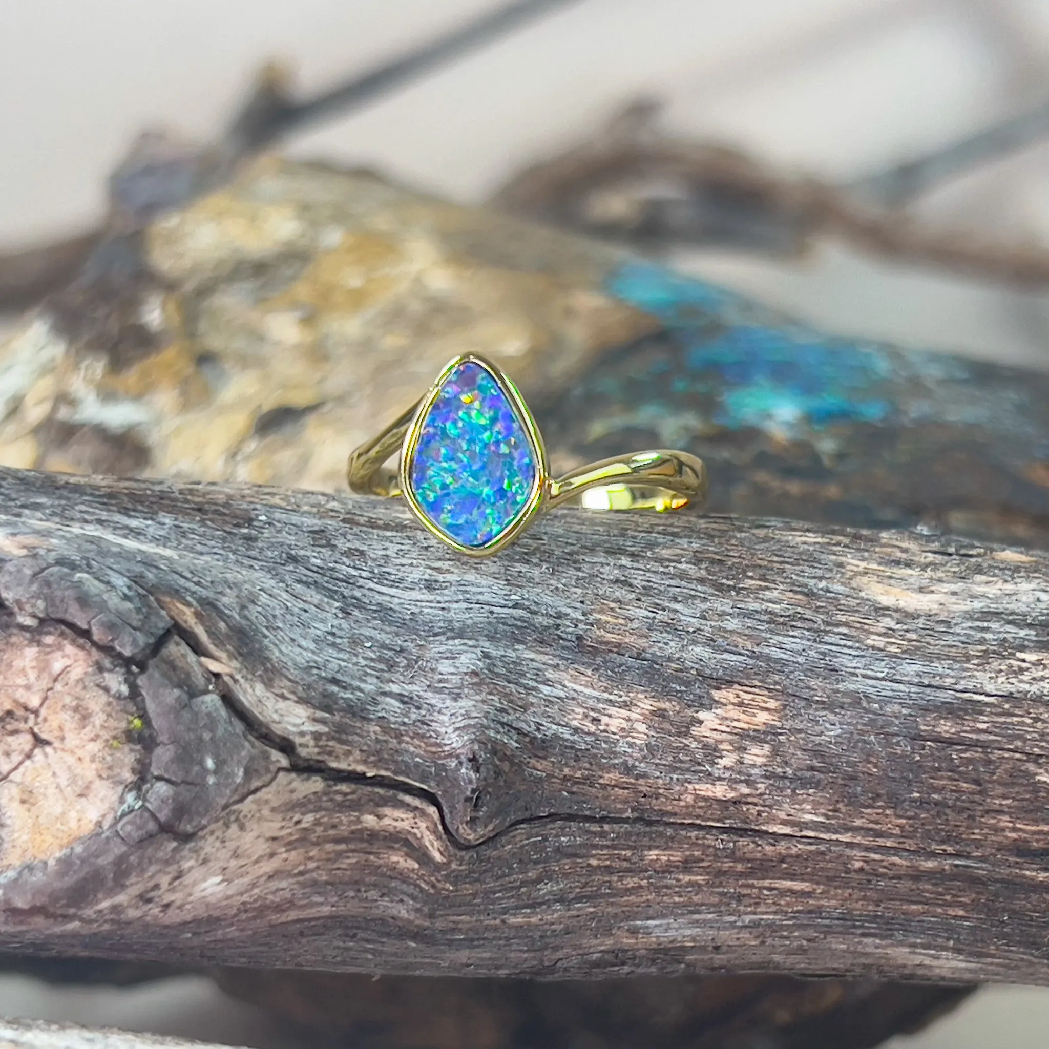 Gold plated Sterling Silver curved Opal doublet solitaire ring