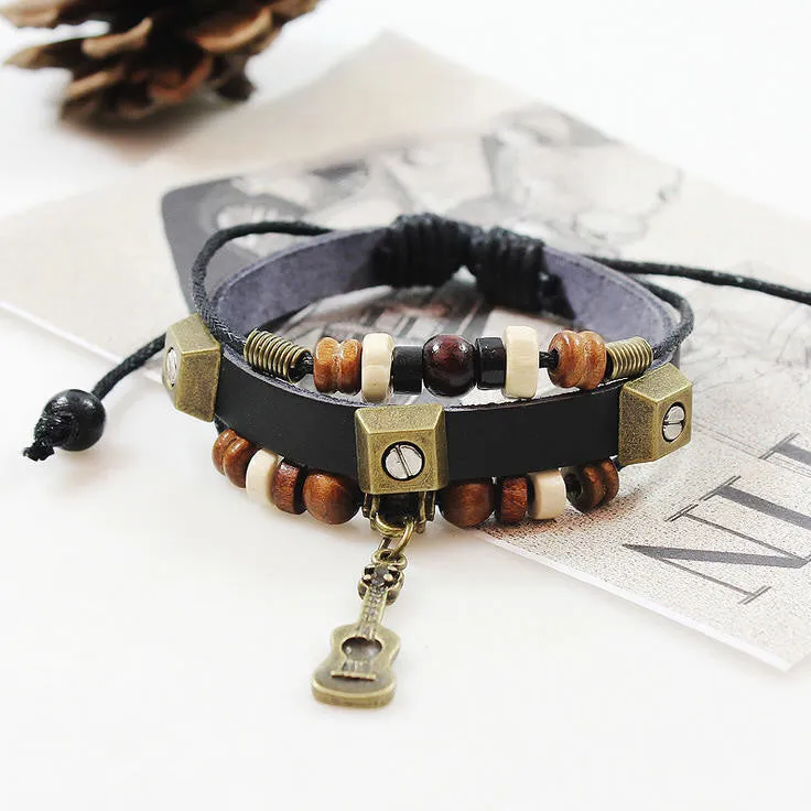 Handmade Guitar Genuine Leather Adjustable Bracelet Jewelry Bijouterie Wristband Surf Unisex Men Woman