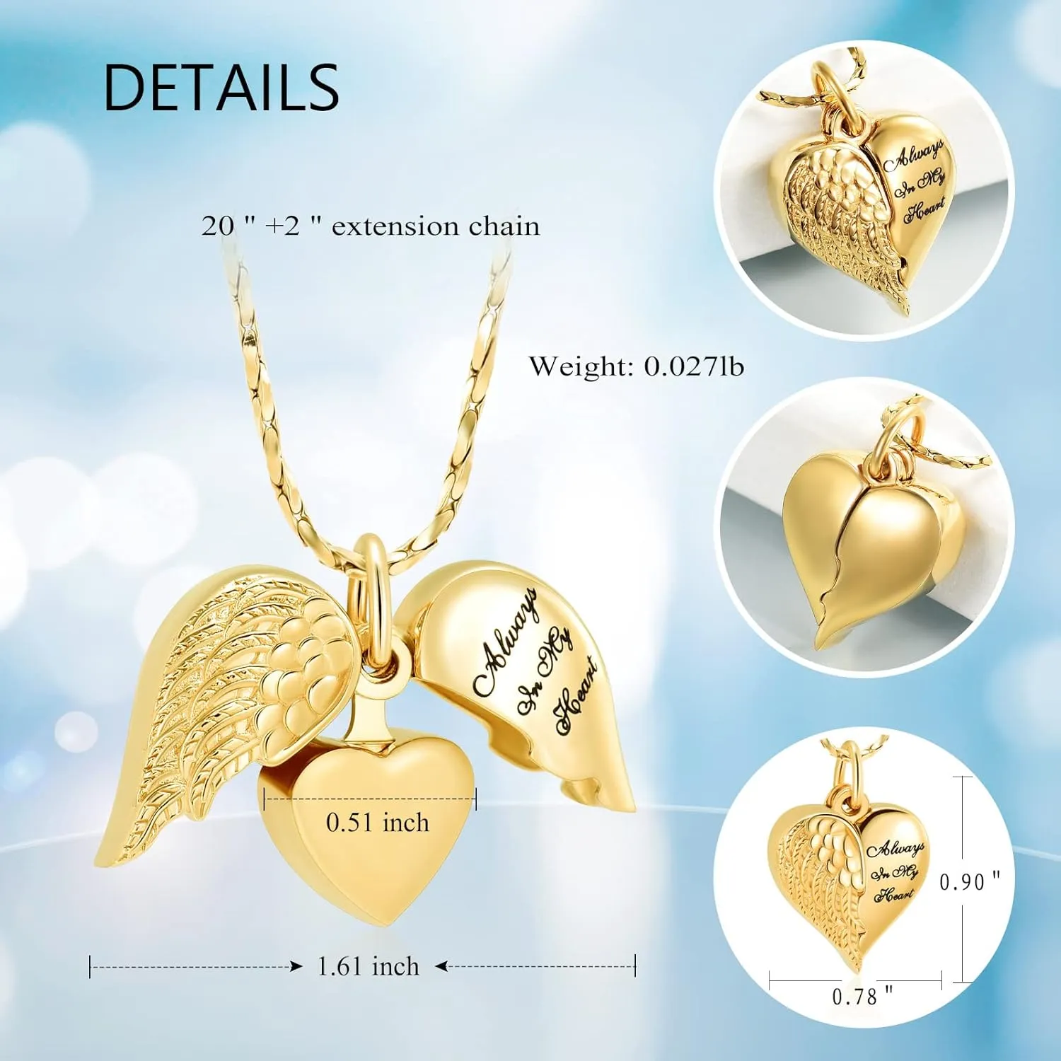Imrsanl Cremation Jewelry for Ashes Heart Urn Necklace Pendants Ashes for Women Men Family Keepsake Memorial Angel Wing with Charm Heart for Loved Ones