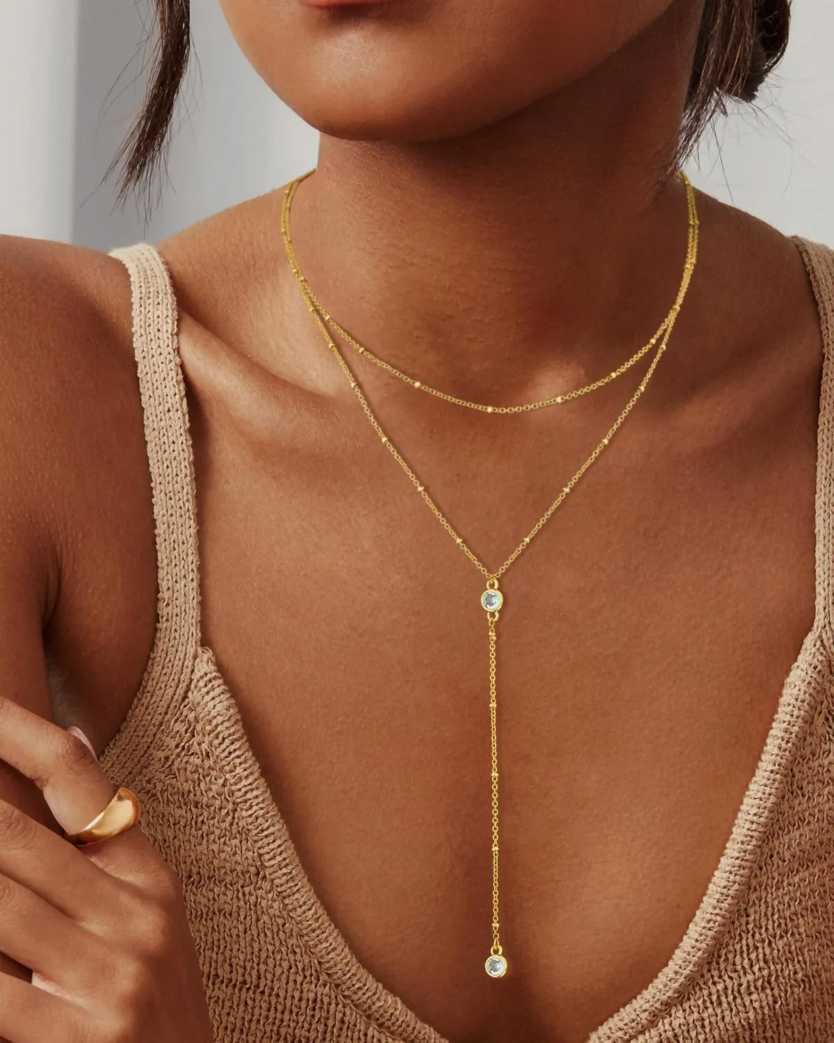 Lariat Gold Necklaces for Women Trendy, Dainty Gold Long Necklace 14k Gold Plated Y-Shaped Layered Necklaces Cz Beaded Choker Pendant Necklace Drop Gold Chain Necklace Gold Jewelry Gift for Women