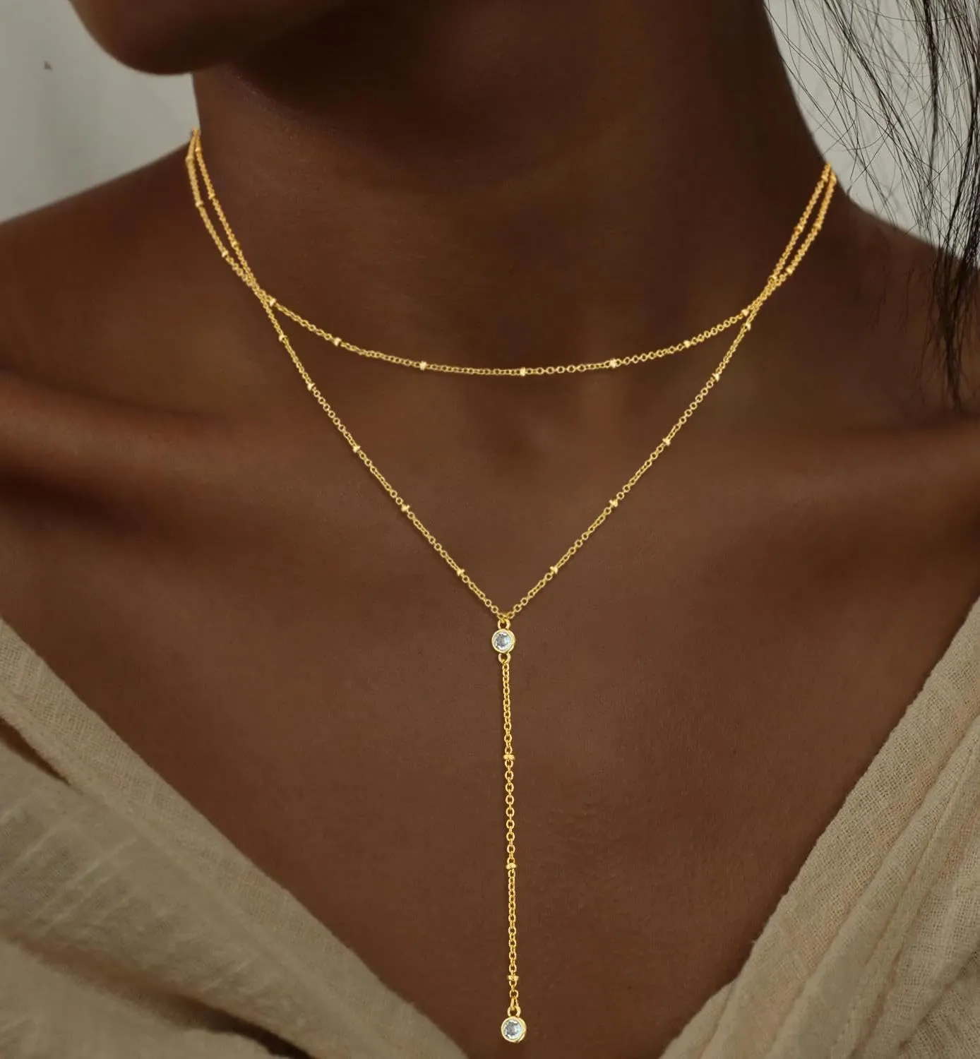 Lariat Gold Necklaces for Women Trendy, Dainty Gold Long Necklace 14k Gold Plated Y-Shaped Layered Necklaces Cz Beaded Choker Pendant Necklace Drop Gold Chain Necklace Gold Jewelry Gift for Women