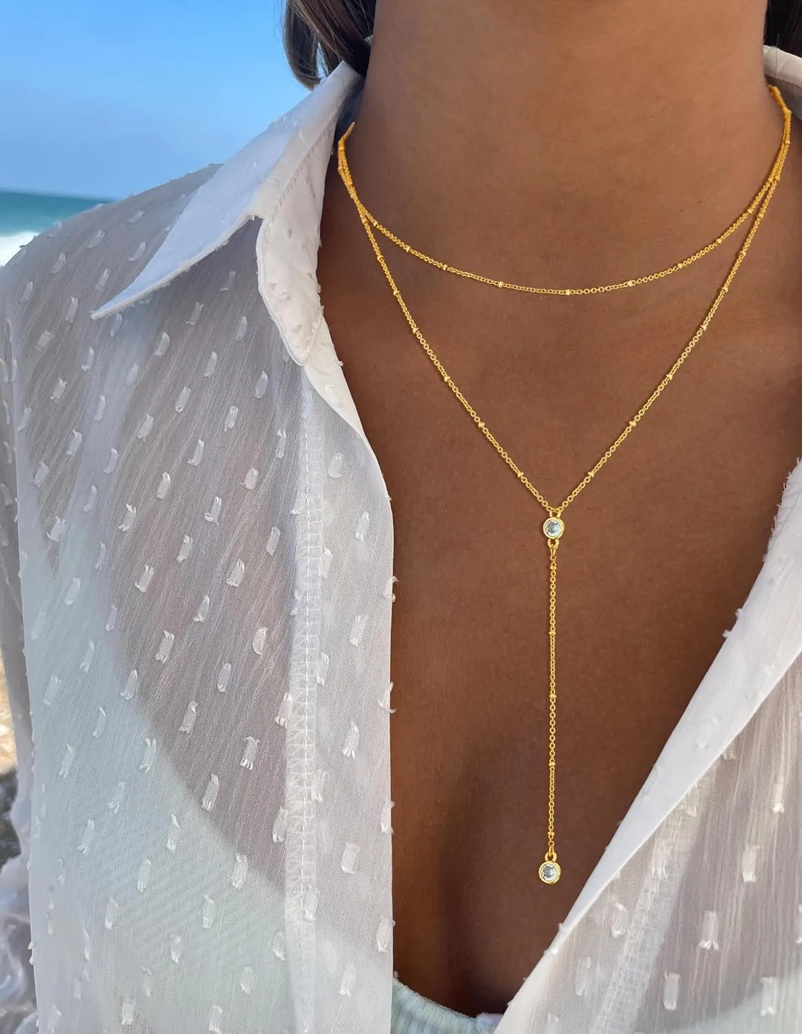 Lariat Gold Necklaces for Women Trendy, Dainty Gold Long Necklace 14k Gold Plated Y-Shaped Layered Necklaces Cz Beaded Choker Pendant Necklace Drop Gold Chain Necklace Gold Jewelry Gift for Women