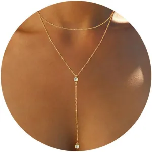 Lariat Gold Necklaces for Women Trendy, Dainty Gold Long Necklace 14k Gold Plated Y-Shaped Layered Necklaces Cz Beaded Choker Pendant Necklace Drop Gold Chain Necklace Gold Jewelry Gift for Women