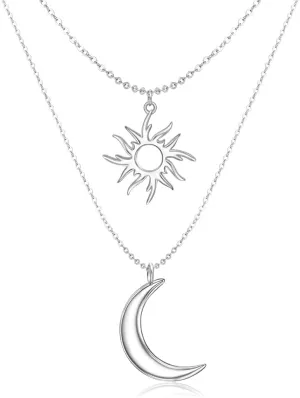 Layered Sun and Moon Necklace Sterling Silver Long Layered Necklaces for Women Chain Choker Chunky Multilayer Pendant