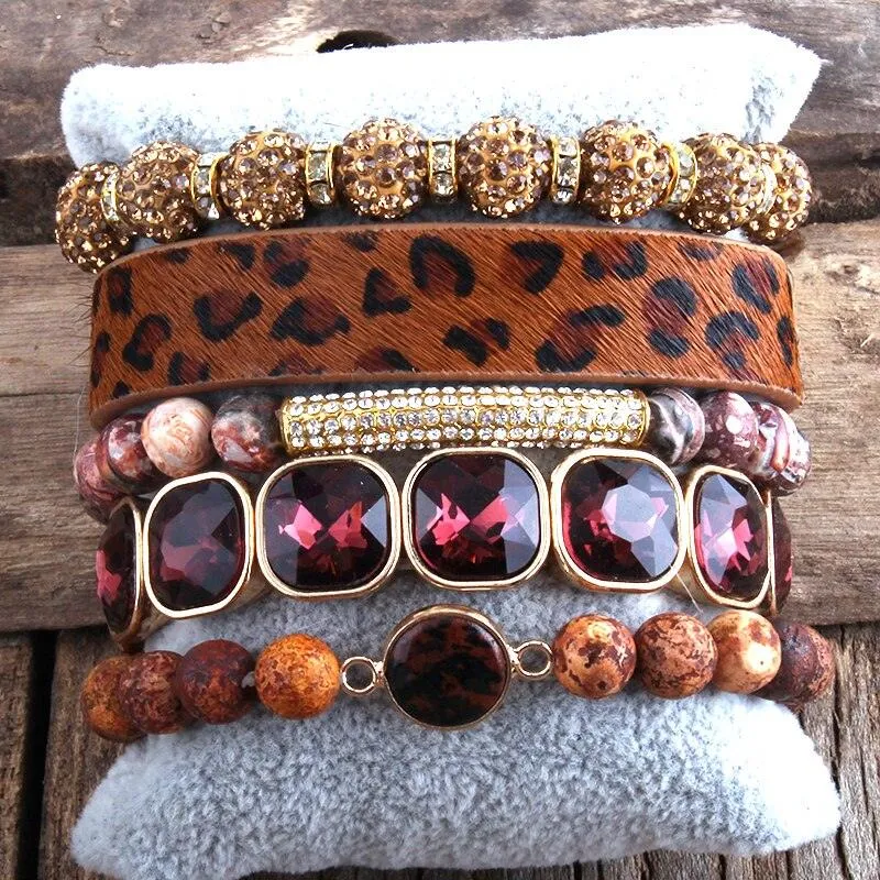 Leather Bracelet Set 5 Pieces Handmade Natural Stone