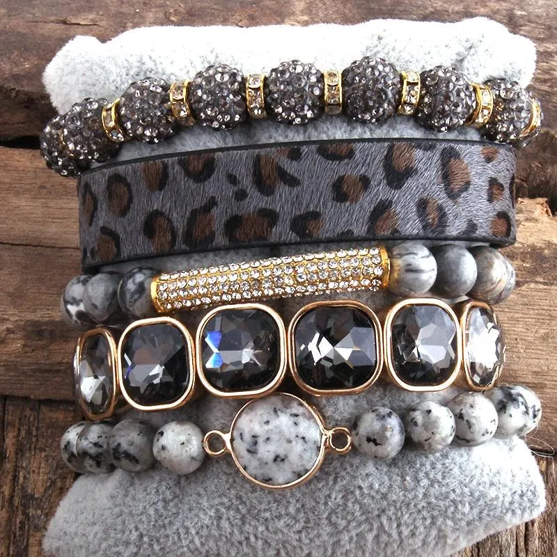 Leather Bracelet Set 5 Pieces Handmade Natural Stone