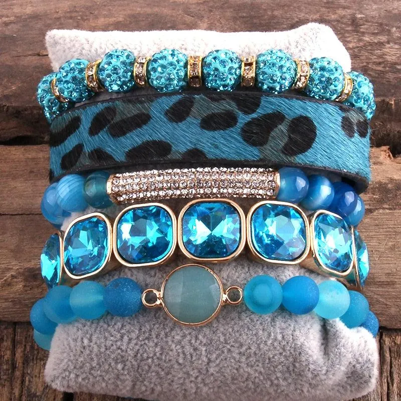 Leather Bracelet Set 5 Pieces Handmade Natural Stone